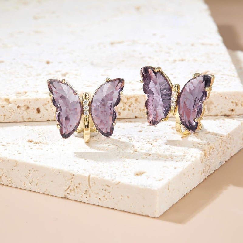 YOQUCOL Butterfly Shape Crystal Clip On Earrings Non Pierced Golden Stud for Women - Image 4